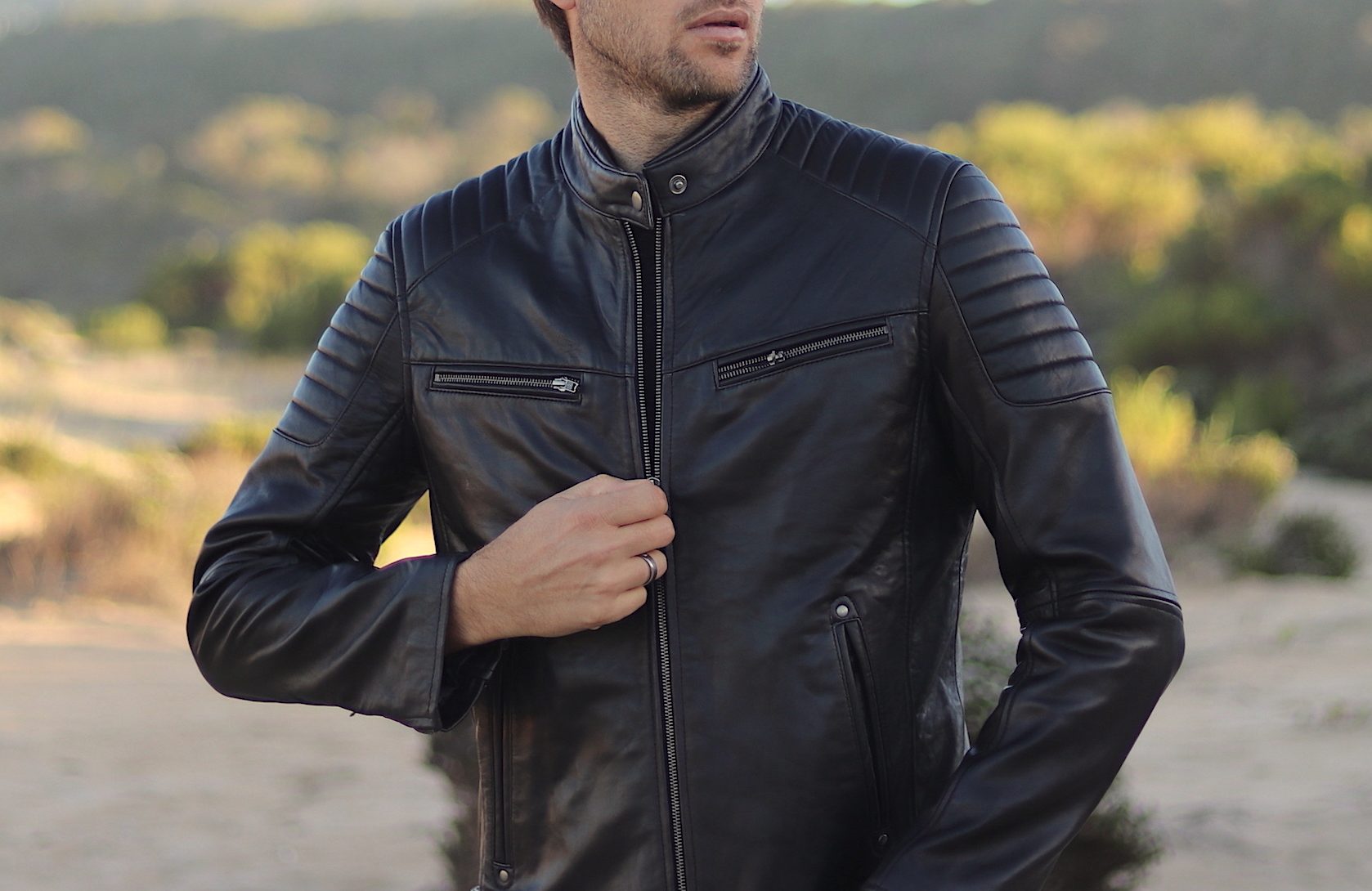 Men's Moto Racer Leather Jacket - Black - NAVA APPAREL SA